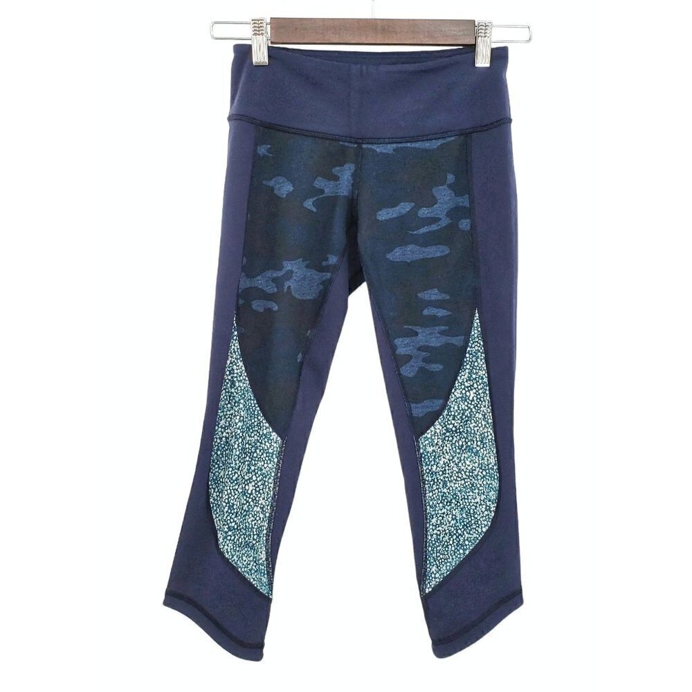 LULULEMON Wunder Under Sz 4 Crop Leggings Sashiko Cross Inkwell Blue Camo Pocket